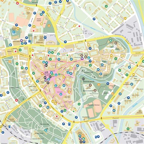 Mapa centra mesta Zvolen s vyznačenými hlavnými ulicami a bodmi záujmu