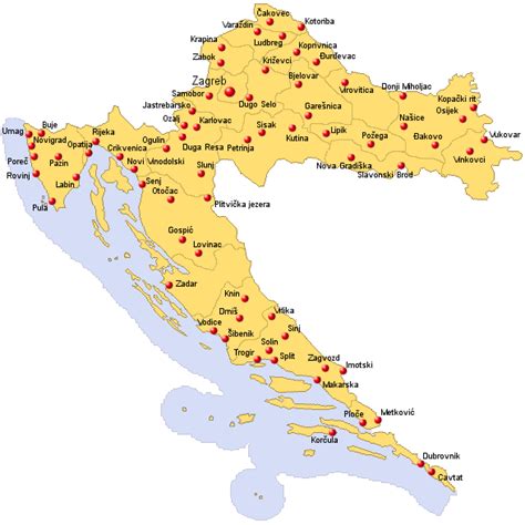 Mapa Chorvátska s vyznačenými oblasťami ako Istria, Kvarner a Dalmácia