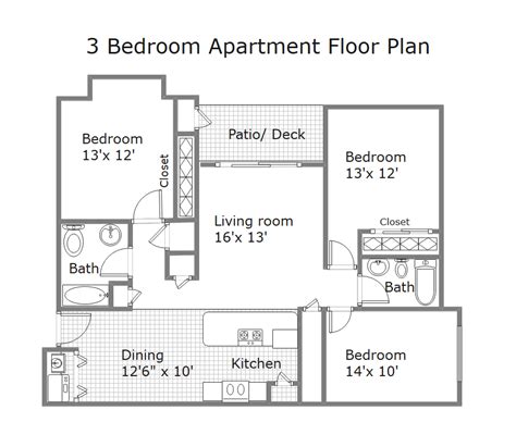 Three-room apartment floor plan with balcony