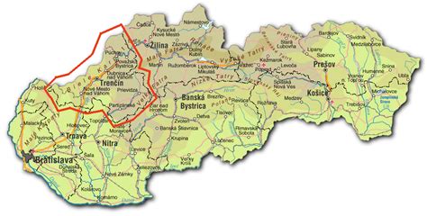 Mapa Trenčianskeho kraja s vyznačenou Trenčianskou Teplou