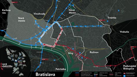 Mapa električkových tratí Bratislavy s vyznačenou Dúbravsko-Karloveskou radiálou