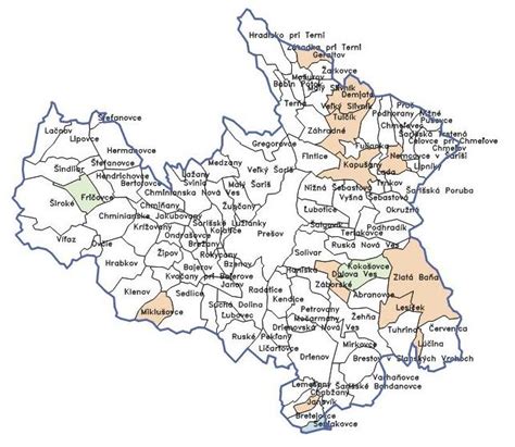 Mapa okresu Prešov s vyznačeným Veľkým Šarišom