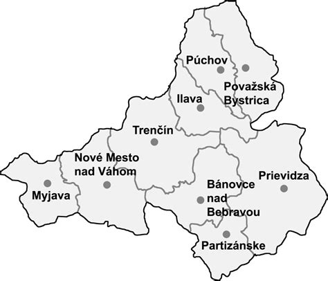 Mapa s vyznačenými obcami v regióne Partizánske a Prievidza
