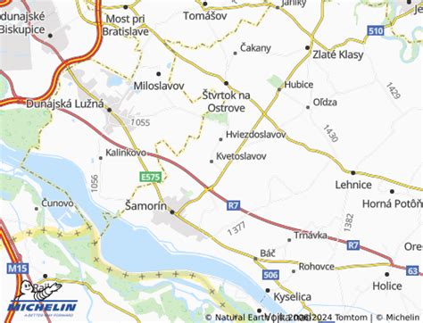 Mapa obce Kvetoslavov a Hviezdoslavov s vyznačenými dopravnými trasami
