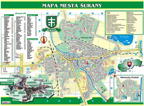 Mapa mesta Šurany s vyznačenými ulicami Kostolný Sek, Mlynská a Školská