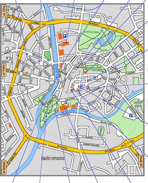 Mapa s vyznačenými službami v okolí Jarkovej ulice