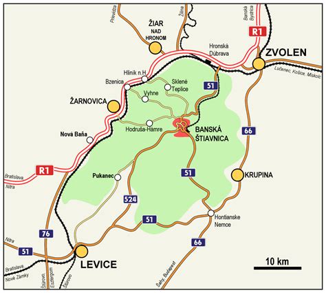 Mapa Banskej Štiavnice s vyznačenými katastrálnymi územiami