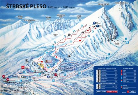 Mapa lyžiarskeho strediska s vyznačenými zjazdovkami a trasami skibusov