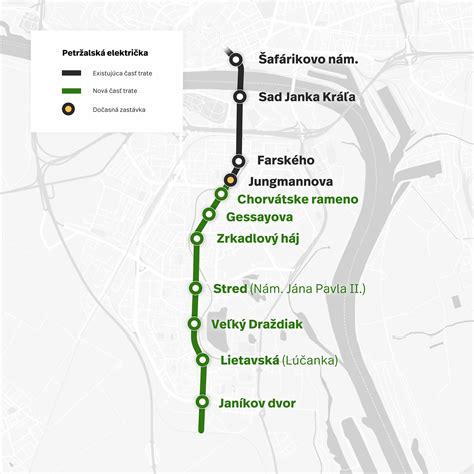 Mapa navrhovanej električkovej trate v centre Bratislavy