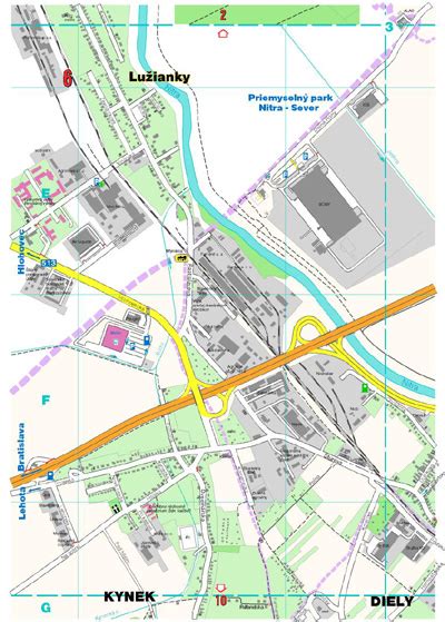 Mapa obce Lužianky s vyznačením blízkych dopravných trás a Nitry