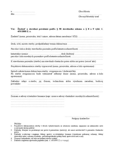 Ukážka formulára žiadosti o stavebné povolenie