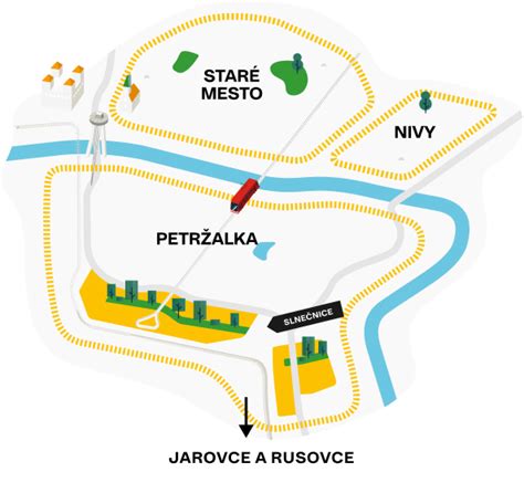 Mapa štvrte Slnečnice v Bratislave s vyznačenými obchodnými priestormi