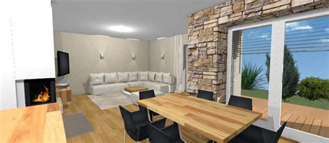 Vizualizácia interiéru bungalovu s moderným krbom
