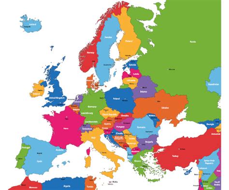 Mapa Európy s vyznačením Slovenska, Česka a Poľska