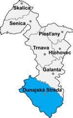 Mapa okresu Dunajská Streda s vyznačeným centrom mesta