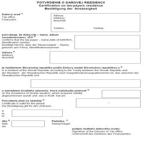 Ilustrácia formulára žiadosti o potvrdenie daňovej rezidencie