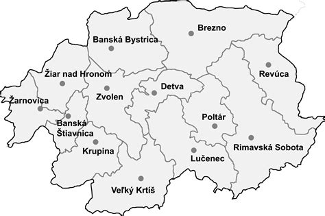 Mapa Banskobystrického kraja s vyznačenými mestami