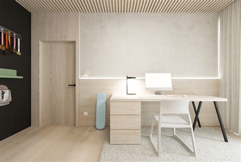 Interiér moderného apartmánu s pracovným stolom a výhľadom na hory