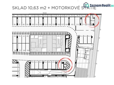Schéma podzemnej garáže s vyznačenými parkovacími miestami a bezpečnostnými prvkami