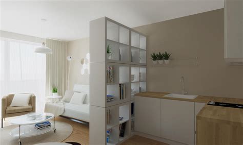 Vizualizácia interiéru jednoizbového bytu s multifunkčným nábytkom