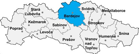 Mapa okresu Bardejov s vyznačenou obcou Komárov