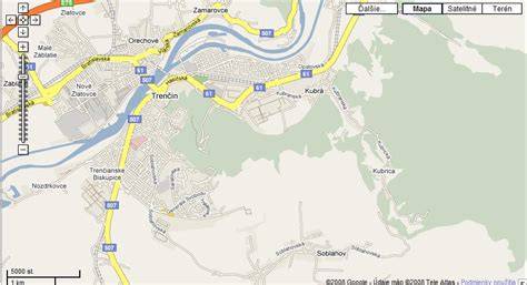 Mapa Trenčína a okolia s vyznačenou obcou Trenčianska Turná