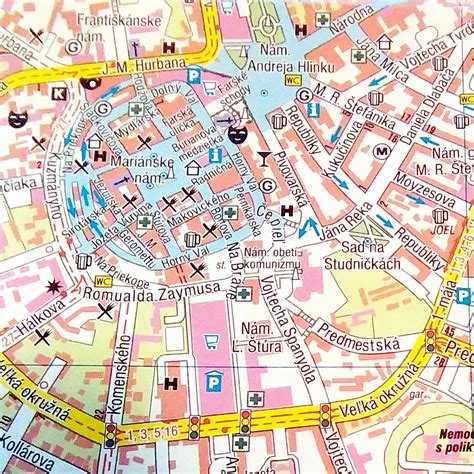 Mapa mesta Žilina s vyznačenými lokalitami ako Hliny, Vlčince a Budatín