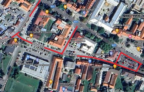 Mapa Zlatých Moraviec s vyznačenou ulicou Hviezdoslavova