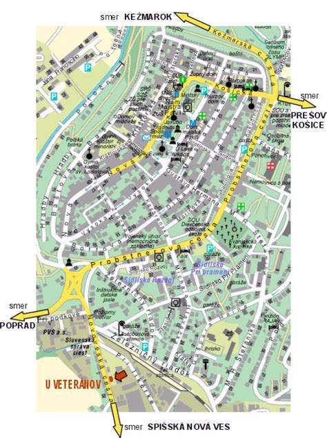 Mapa Levoče s vyznačeným sídliskom Rozvoj a okolím