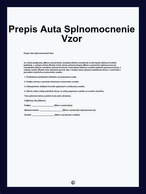 Vzorový formulár splnomocnenia na prepis auta