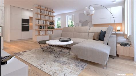 Vizualizácia modernej obývačky s kuchynským kútom