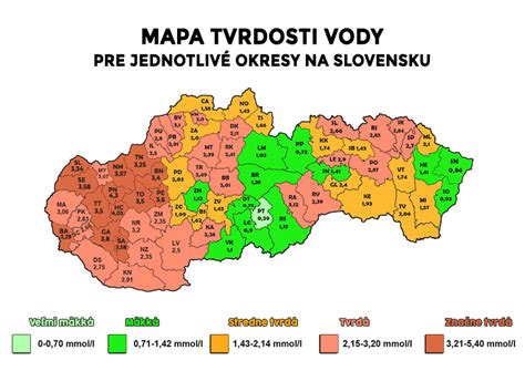 Mapa s vyznačením tvrdosti vody v rôznych regiónoch.