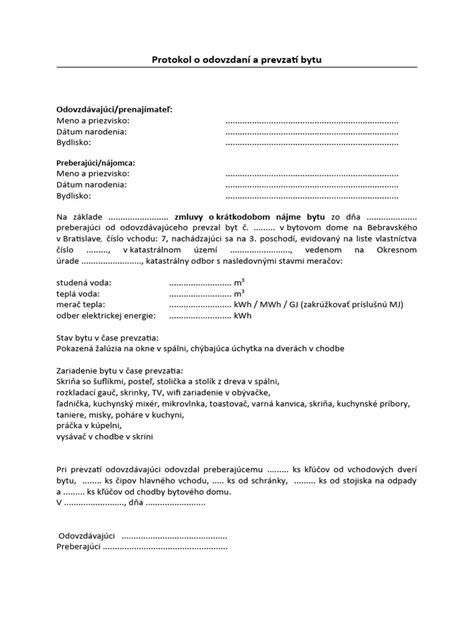 Ukážka protokolu o odovzdaní bytu