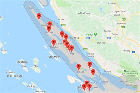 Mapa ostrova Pag s vyznačenými letoviskami