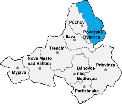 Mapa okresu Považská Bystrica s vyznačenou obcou Sverepec a blízkosťou k diaľnici