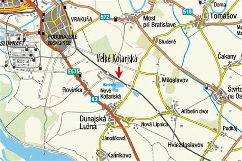 Mapa obce Dunajská Lužná s vyznačenými jazerami Nové a Veľké Košariská