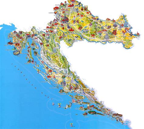 Mapa Chorvátska s vyznačenými populárnymi turistickými oblasťami