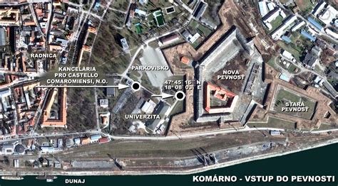 Mapa mesta Komárno s vyznačeným sútokom Dunaja a Váhu