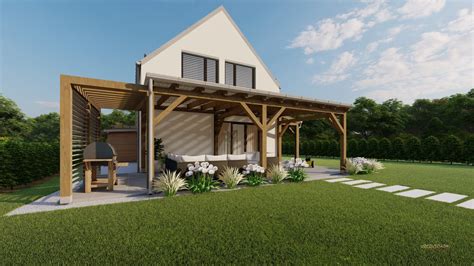 Vizualizácia modernej krytej terasy pri bungalove