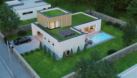 Rodinný dom so zelenou strechou a fasádou