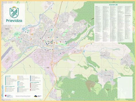 Mapa mesta Prievidza s vyznačenými lokalitami sídlisk a ulíc spomínaných v texte