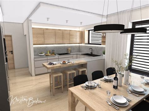 Detailná vizualizácia interiéru kuchyne spojenej s obývačkou v bungalove
