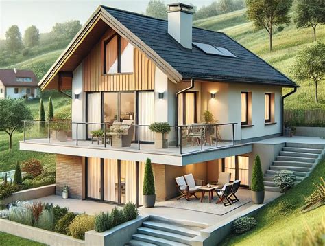 Pohľad na moderný dom na svahu s viacerými sedlovými strechami.