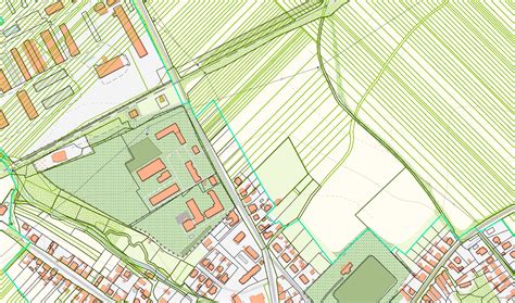 Ilustrácia katastrálnej mapy s vyznačenými parcelami a stavbami