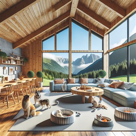 Interiér s jednotnou dlažbou a domácimi zvieratami