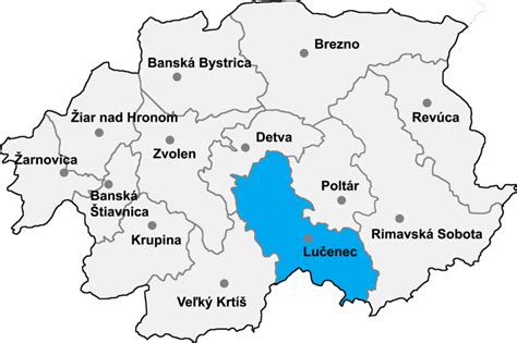 Mapa okresu Lučenec s vyznačenými mestami Fiľakovo a Lučenec