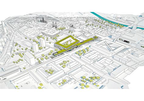 Axonometria projektu ukazujúca urbanistické začlenenie