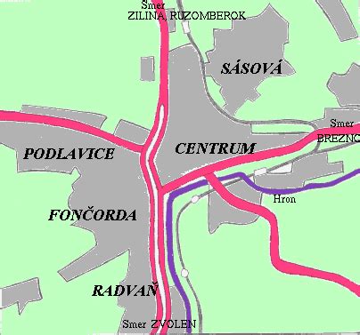 Mapa Banskej Bystrice s vyznačenými lokalitami ako Fončorda, Sásová, centrum