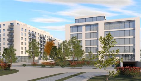 Vizualizácia polyfunkčnej budovy s obchodmi na prízemí a bytmi nad nimi