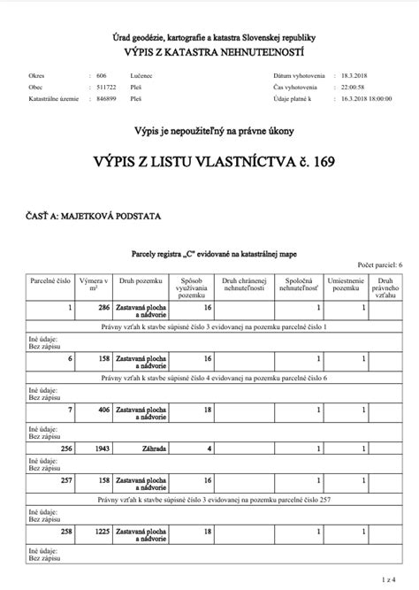 Ukážka listu vlastníctva s vyznačenými časťami A, B, C